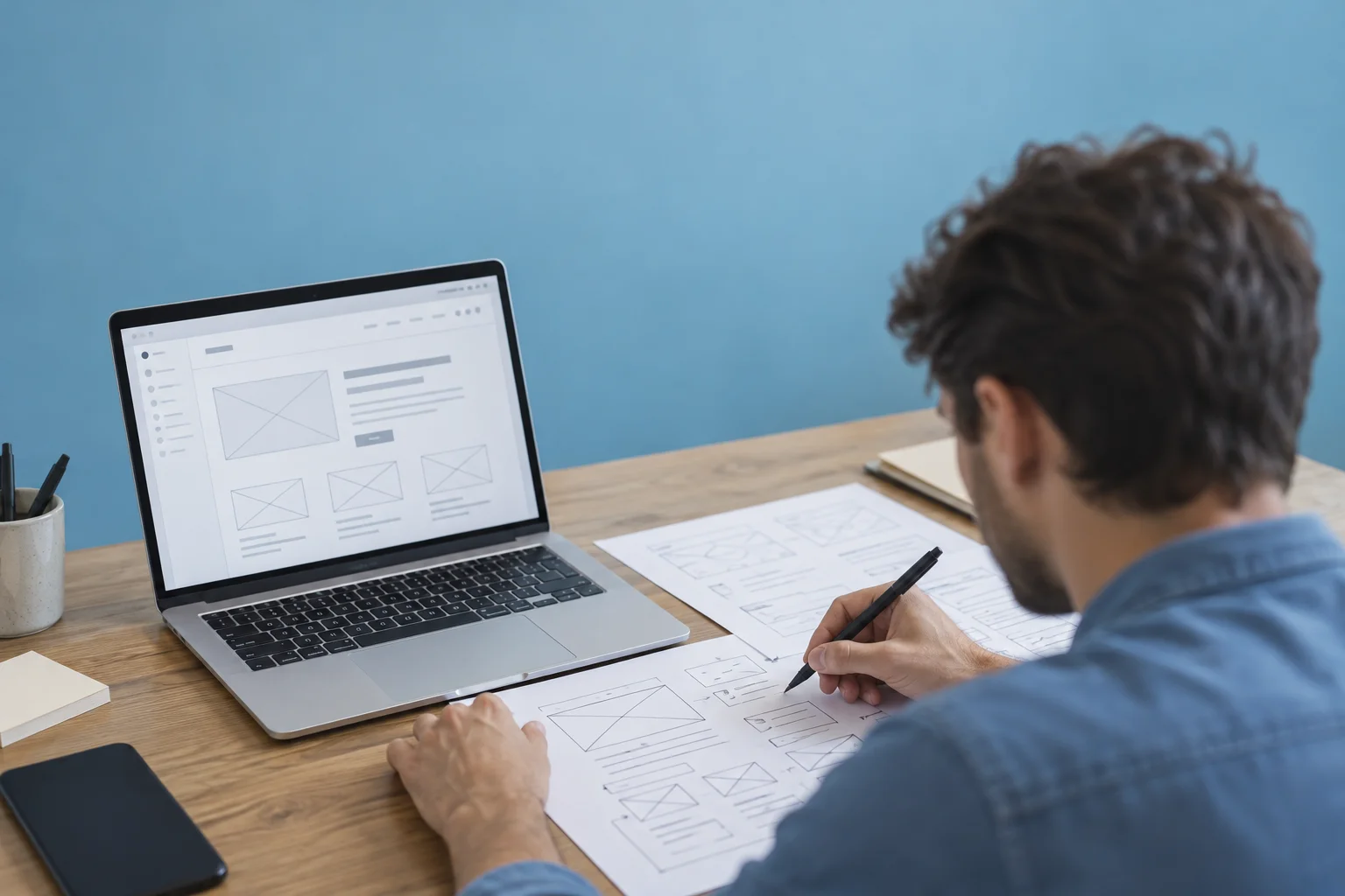 Développeur dessinant des maquettes de sites web sur un carnet devant un ordinateur portable