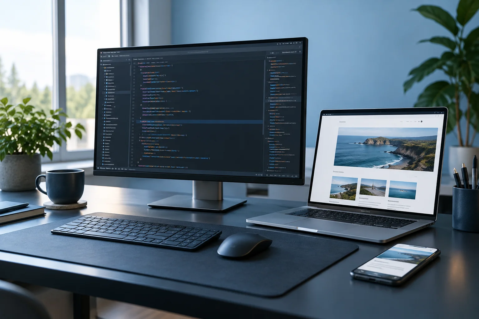 Poste de développement web avec un écran de code, un ordinateur portable et un téléphone